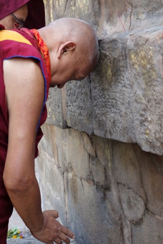 Lama Zopa Rinpoche making prayers at the great stupa in Sarnath, India, March 2014. Photo by Ven. Roger Kunsang.