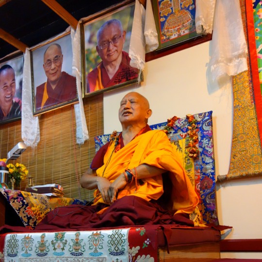 Lama Zopa Rinpoche teaching at Choe Khor Sum Ling Study Group, Bangalore, India, March 2014. Photo by Ven. Roger Kiunsang.