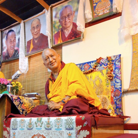 Lama Zopa Rinpoche at Choe Khor Sum Ling Study Group, Bangalore, India, March 2014. Photo by Ven. Roger Kunsang. 