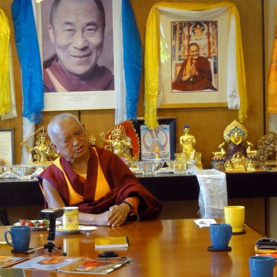 Lama Zopa Rinpoche offering advice to International Office staff, FPMT International Office, Portland, Oregon, April 2014. Photo by Ven. Holly Ansett.