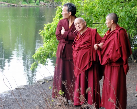 Lama Zopa Rinpoche with Yangsi Rinpoche (left) and Ven. Sangpo visiting Crystal Springs Rhododendron Garden in Portland, Oregon, US, April 2014. Photo by Ven.  Holly Ansett.