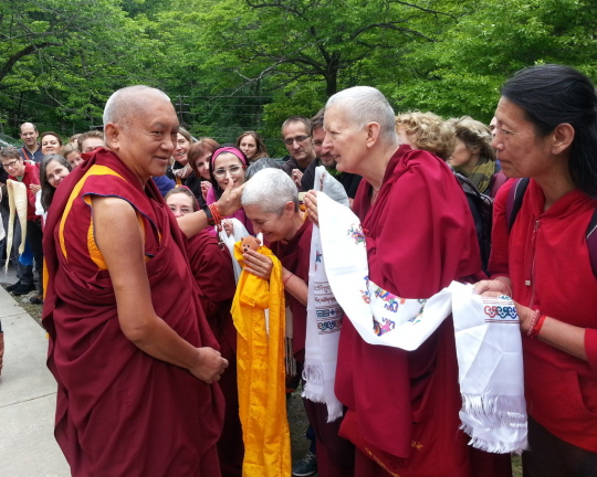 Lama Zopa Rinpoche departing from the Light of the Path retreat, Black Mountain, North Carolina, US, May 2014. Photo by Ven. Roger Kunsang.