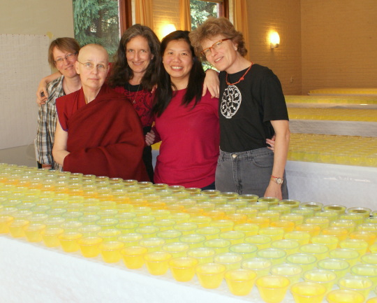 Group water bowl retreat participants Inge Eijkhout, Diana Carroll, Ven. Tenzin Chodron, Jaclyn Yip, Annette van Citters, March 2014. Photo courtesy of Maitreya Instituut.