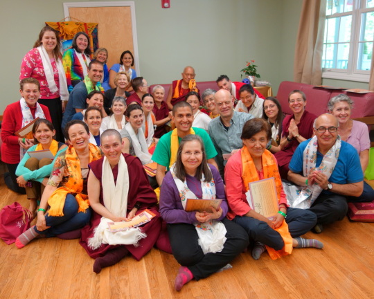 Lama Zopa Rinpoche with Spanish-speaking Light of the Path participants, Black Mountain, North Carolina, US, May 2014. Photo by Ven. Roger Kunsang.