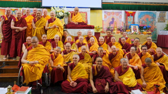 Lama Zopa Rinpoche with Sangha at Light of the Path, Black Mountain, North Carolina, US, May 2014