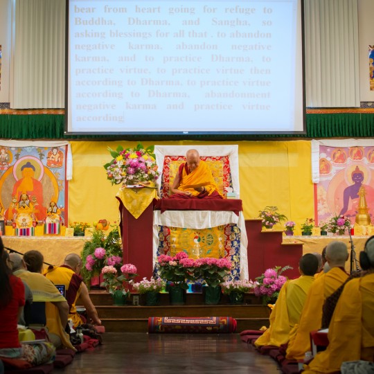 Lama Zopa Rinpoche at Light of the Path, Black Mountain, North Carolina, US, May 2014. Photo by Roy Harvey.