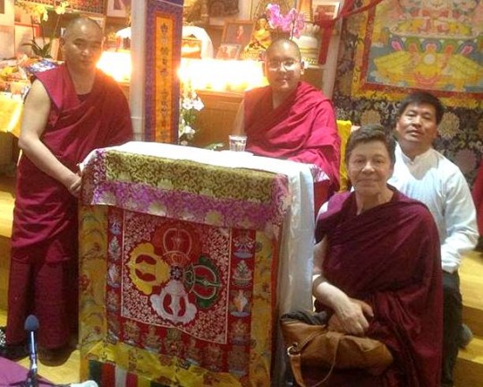 His Eminence Ling Rinpoche with Ven. Elisabeth Drukier seated to his left, Centre Kalachakra, Paris, France, April 7, 2014. Photo courtesy of Centre Kalachakra.
