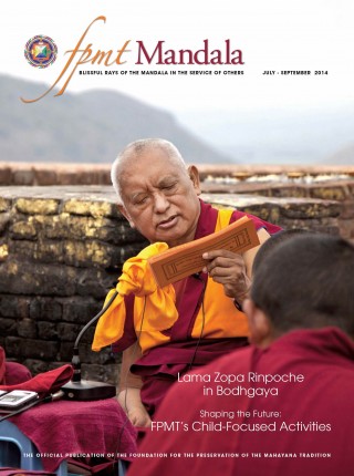 COVER: Lama Zopa Rinpoche giving the oral transmission of the Vajra Cutter Sutra on Vulture's Peak, Rajgir, India, March 2014. Photo by Andy Melnic.