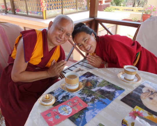 Lama Zopa Rinpoche and Khadro-la having tea after long life puja at Kopan Monastery, April 29, 2013. Photo by Ven. Roger Kunsang.