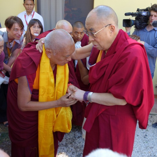 His Holiness the Dalai Lama with Lama Zopa Rinpoche at Istituto Lama Tzong Khapa, June 10, 2014. Photo by Ven. Roger Kunsang.