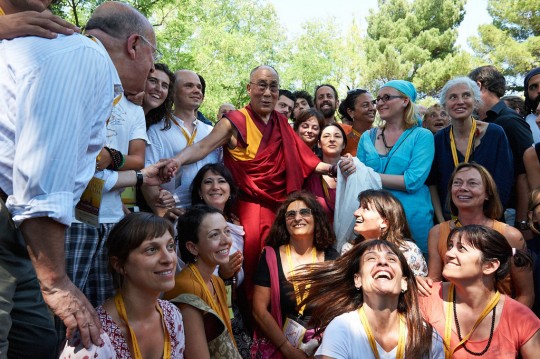 His Holiness the Dalai Lama with event volunteers at Istituto Lama Tzong Khapa, Pomaia, Italy, June 2014. Photo by Olivier Adam.