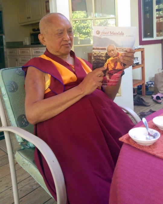 Lama Zopa Rinpoche reading Mandala, Kachoe Dechen Ling, California, US, June 2014. Photo by Ven. Roger Kunsang.