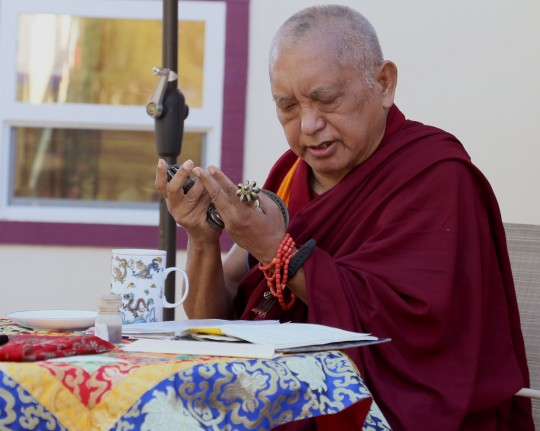 Lama Zopa Rinpoche doing an incense puja at Kachoe Dechen Ling, California, US, May 2014. Photo by Ven. Thubten Kunsang.