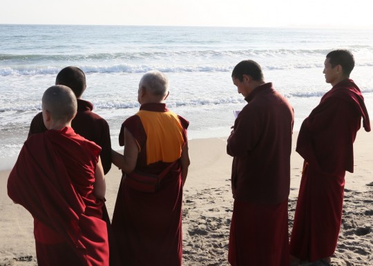 Lama Zopa Rinpoche with Sangha on the beach in California, May 2014. Photo by Ven. Thubten Kunsang.