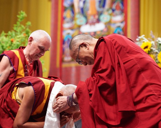 Lama Zopa Rinpoche offering His Holiness the Dalai Lama a khata, Livorno, Italy, June 15, 2014. Photo by Olivier Adam. 