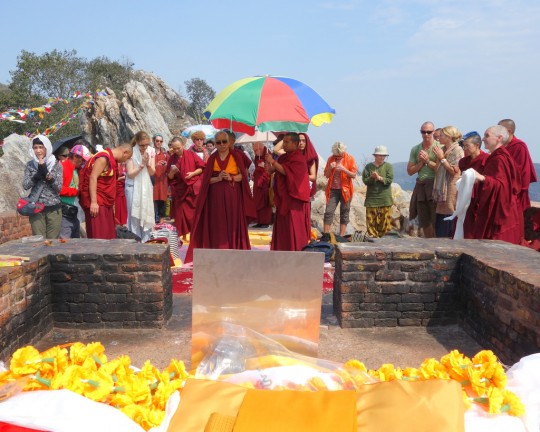 Lama Zopa Rinpoche on Vulture's Peak, India, March 2014. Photo by Ven. Roger Kunsang.