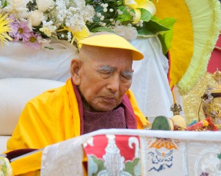 Geshe Sopa Rinpoche during long life puja, Deer Park Buddhist Center, Wisconsin, US, July 20, 2014. Photo by Ven. Roger Kunsang. 