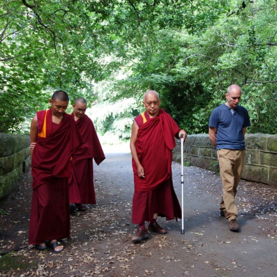 Lama Zopa Rinpoche taking a walk in the park on his first morning in England, July 1, 2014. Photo by Ven. Roger Kunsang.