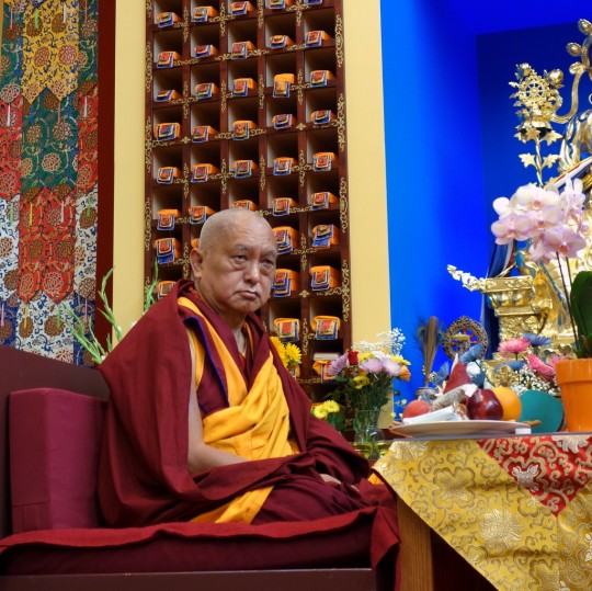 Lama Zopa Rinpoche at long life puja for Geshe Sopa Rinpoche at Deer Park Buddhist Center, Wisconsin, US, July 20, 2014. Photo by Ven. Roger Kunsang.