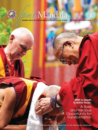 COVER: His Holiness the Dalai Lama offering a khata to Lama Zopa Rinpoche, with Ven. Roger Kunsang looking on, at the conclusion of His Holiness’ public teaching at Modigliani Forum, Livorno, Italy, June 15, 2014. Photo by Olivier Adam.