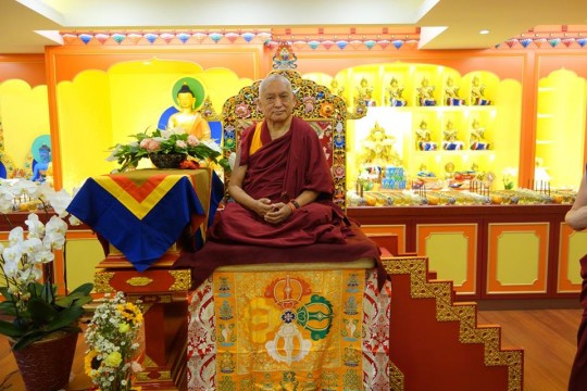 Lama Zopa Rinpoche in the newly renovated gompa of Jinsiu Farlin, Taipei, Taiwan, April 2014. Photo courtesy of FPMT Taiwan.