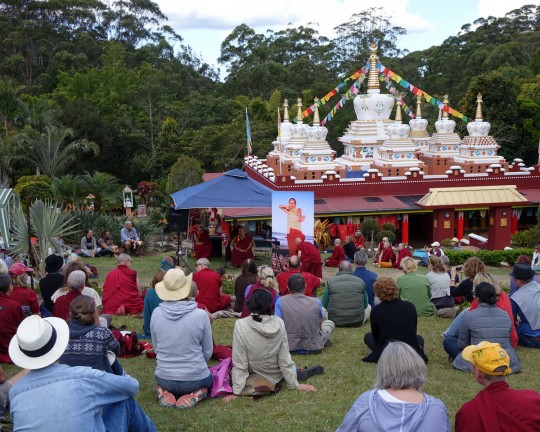  Lama Zopa Rinpoche helps celebrate the 40th birthday of Chenrezig Institute in the Garden of Enlightenment, Eudlo, Queensland, Australia, September 2014. Photo by Ven. Roger Kunsang.