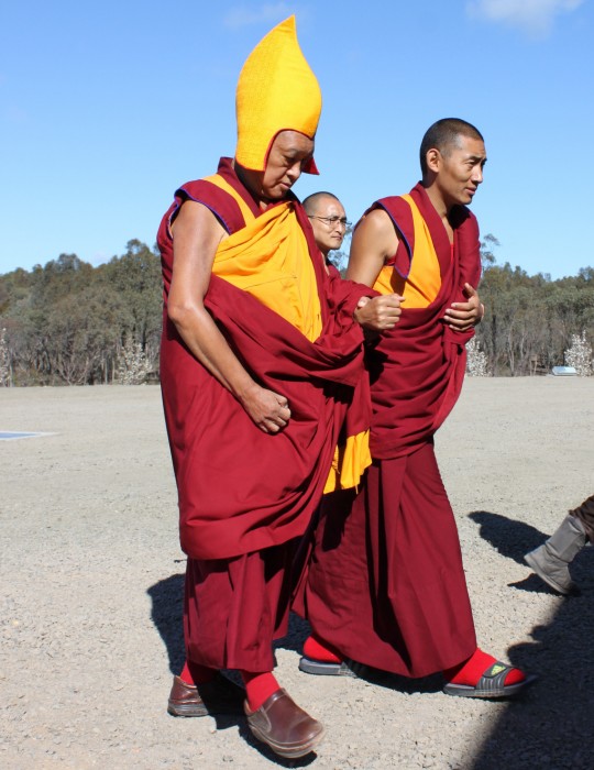 Lama Zopa Rinpoche arriving at long life puja at Great Stupa of Universal Compassion, Australia, September 19, 2014. Photo by Laura Miller.