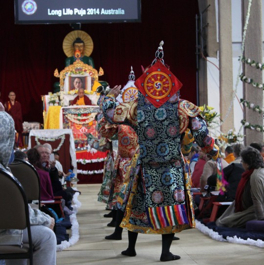 Five Dakini dancers entering the gompa, Great Stupa of Universal Compassion, Australia, September 19, 2014. Photo by Laura Miller.