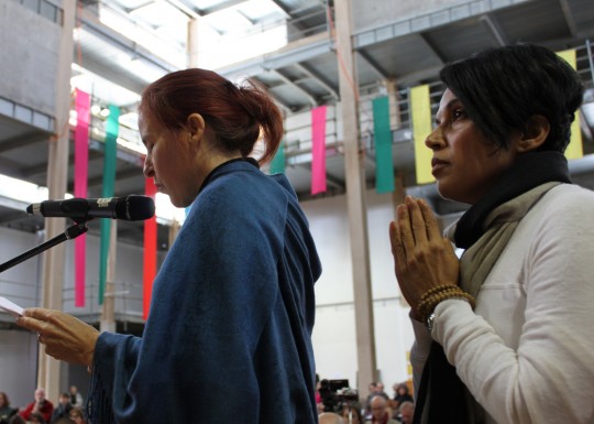 Drolkar McCallum reading the praises for Lama Zopa Rinpoche with Tara Melwani and Helen Patrin (not pictured), Great Stupa of Universal Compassion, Australia, September 19, 2014. Photo by Laura Miller.