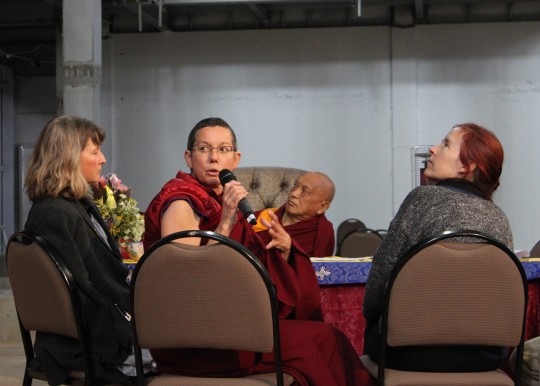 Lama Zopa Rinpoche, Phillipa Rutherford, Ven. Kaye Miner and Drolkar McCallum reporting back from group discussion, CPMT 2014, Great Stupa of Universal Compassion, Australia, September 2014. Photo by Laura Miller.
