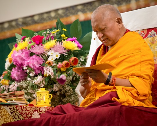 Lama Zopa Rinpoche teaching at Light of the Path Retreat, North Carolina, US, May 2014. Photo by Roy Harvey.