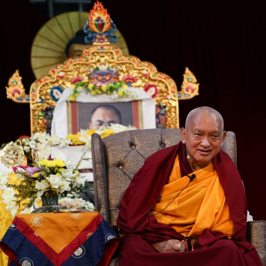 Lama Zopa Rinpoche during public talk at Great Stupa of Universal Compassion, Australia, September 20, 2014. Photo by Ven. Thubten Kunsang.